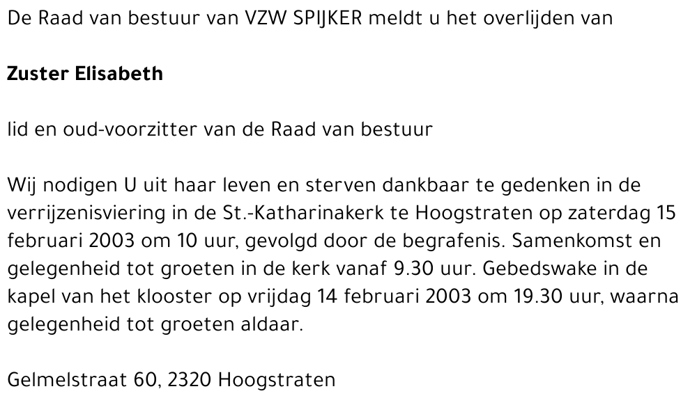 Yvonne ( Zuster Elisabeth) Van de Wiele