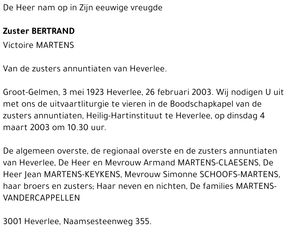 Zuster Bertrand Victoire MARTENS