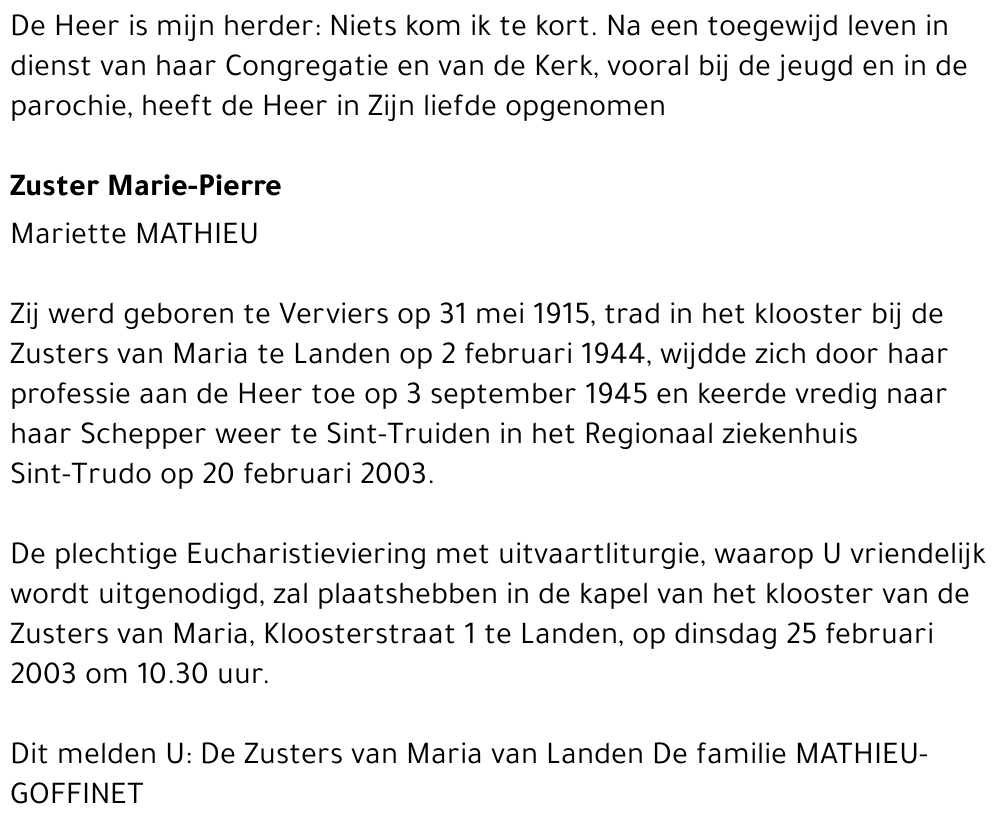 Zuster Marie-Pierre Mariette Mathieu
