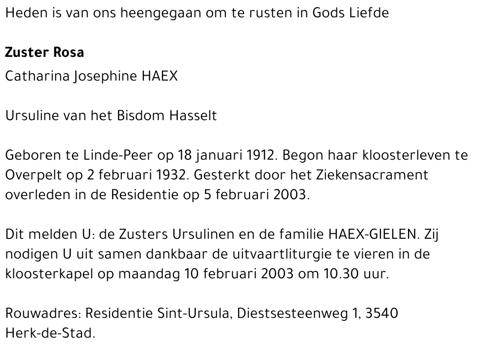 Zuster Rosa Catharina Josephine Haex