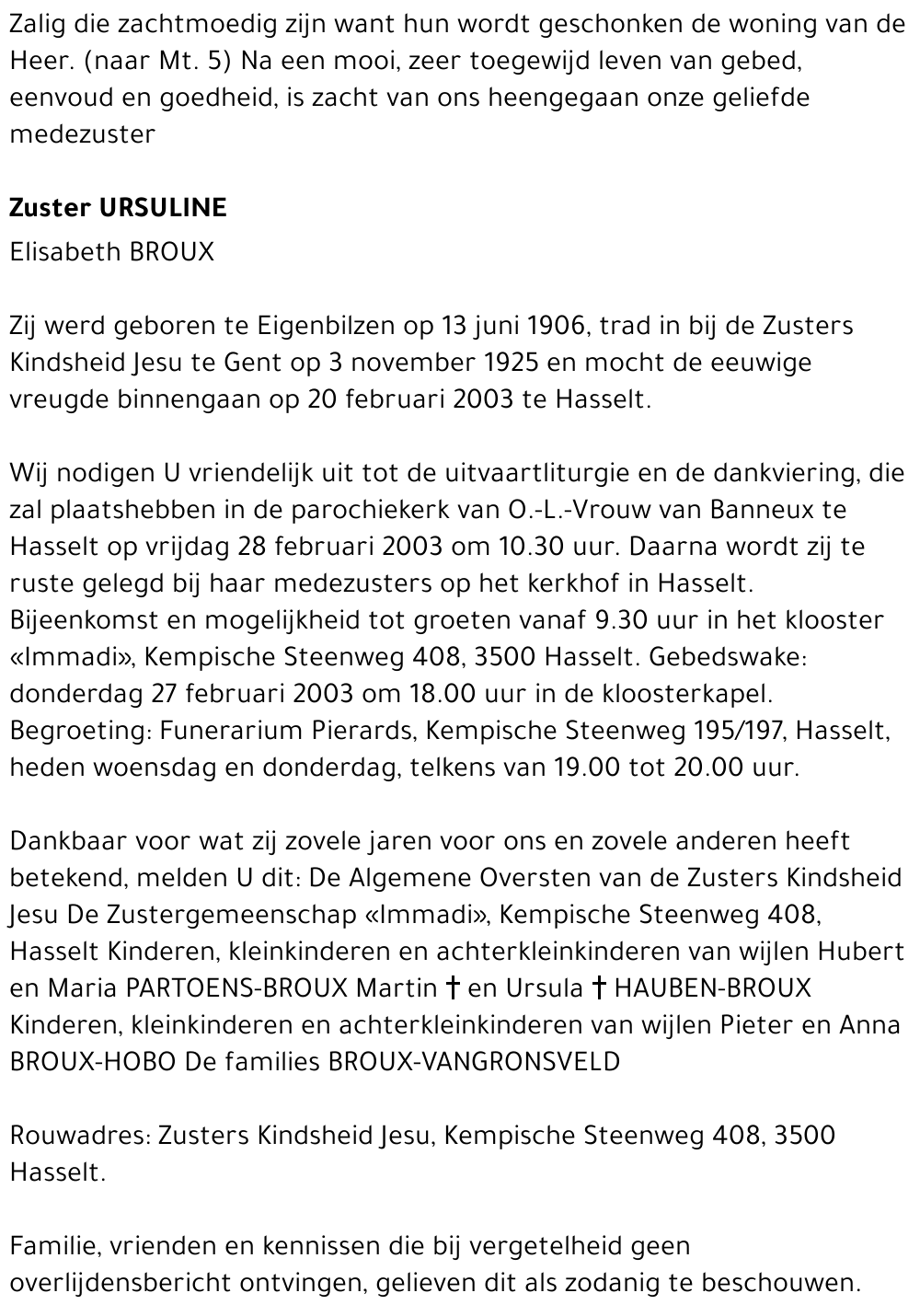 Zuster Ursuline Elisabeth Broux