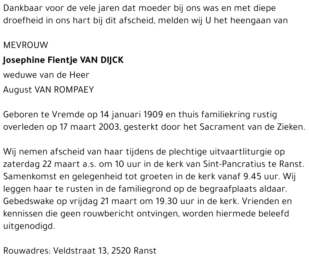 JOSEPHINE (FIENTJE) VAN DIJCK