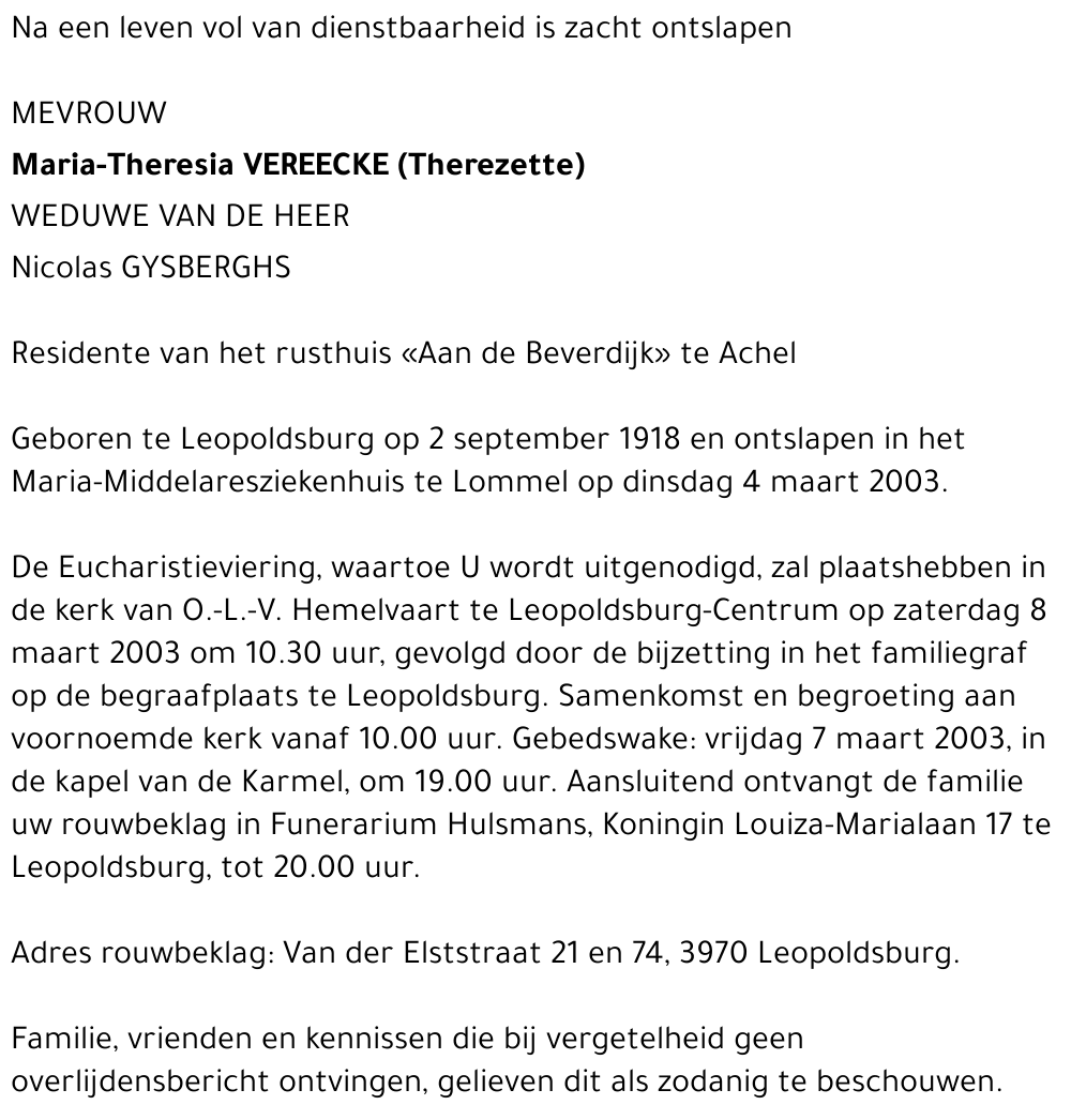 Maria-Theresia (Therezette) Vereecke