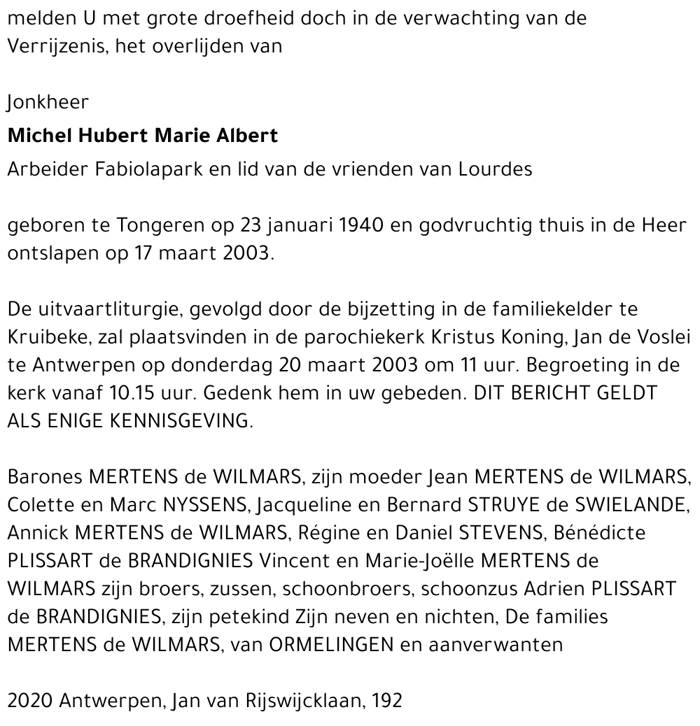 Michel, Hubert, Marie, Albert MERTENS de WILMARS