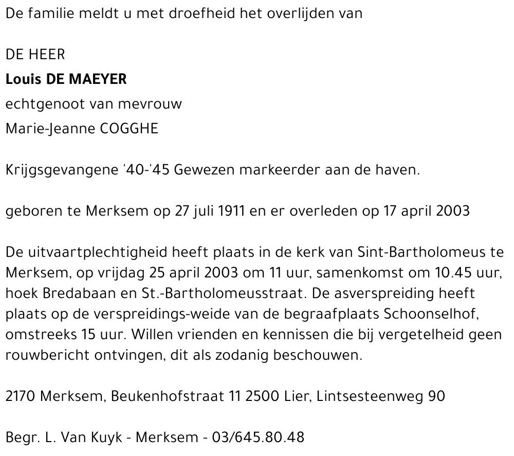 DE MAEYER Louis