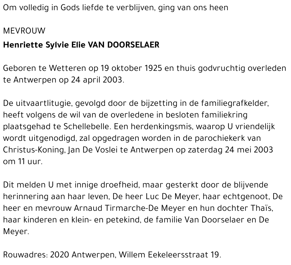 HENRIETTE SYLVIE ELIE VAN DOORSELAER