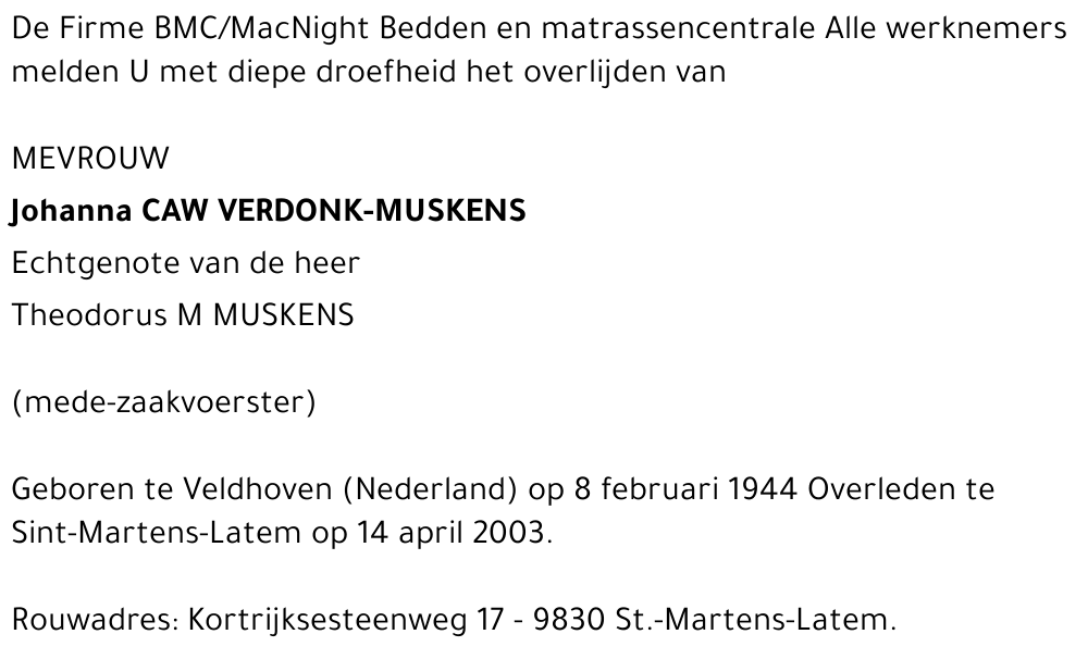 JOHANNA CAW VERDONK-MUSKENS