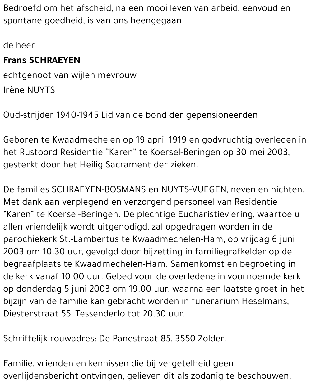 SCHRAEYEN Frans