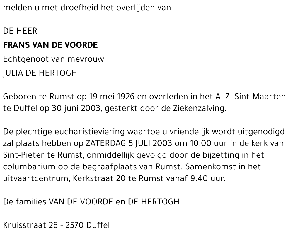 FRANS VAN  DE  VOORDE
