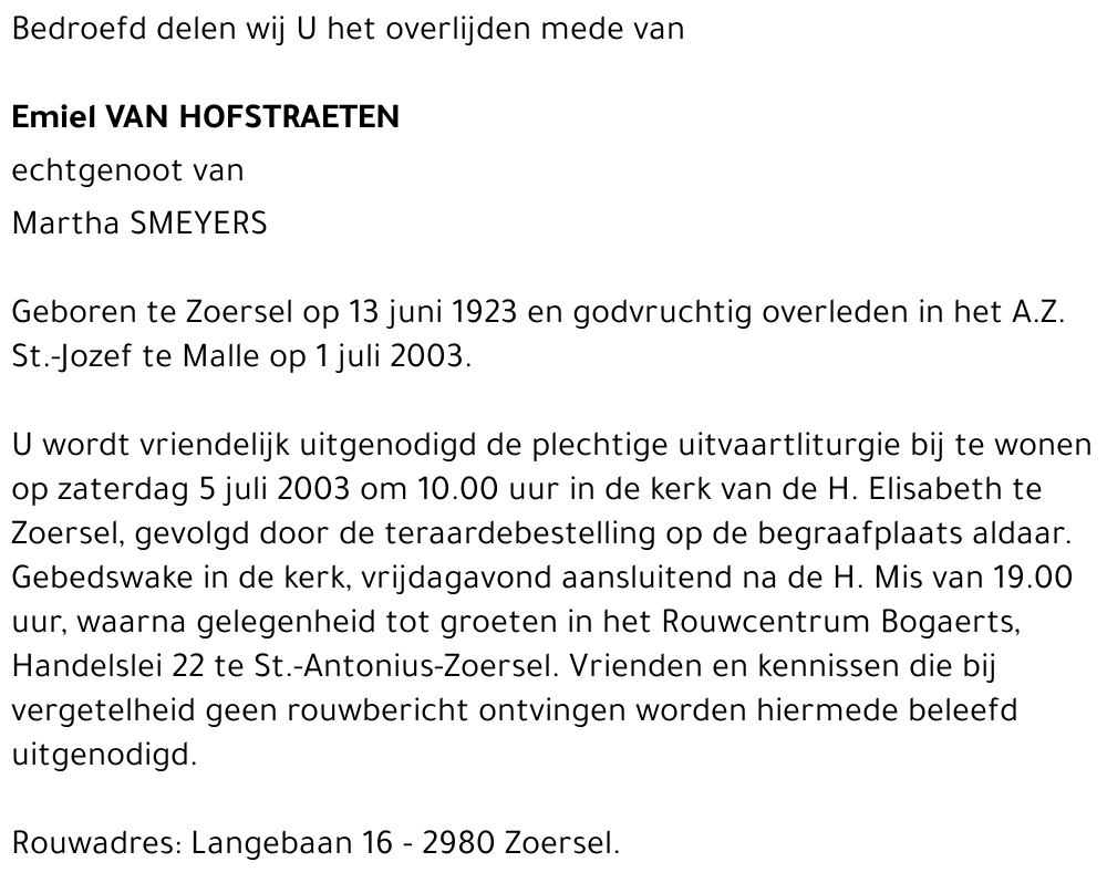 EMIEL VAN HOFSTRAETEN