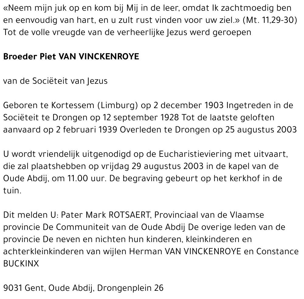 Broeder Piet Van Vinckenroye