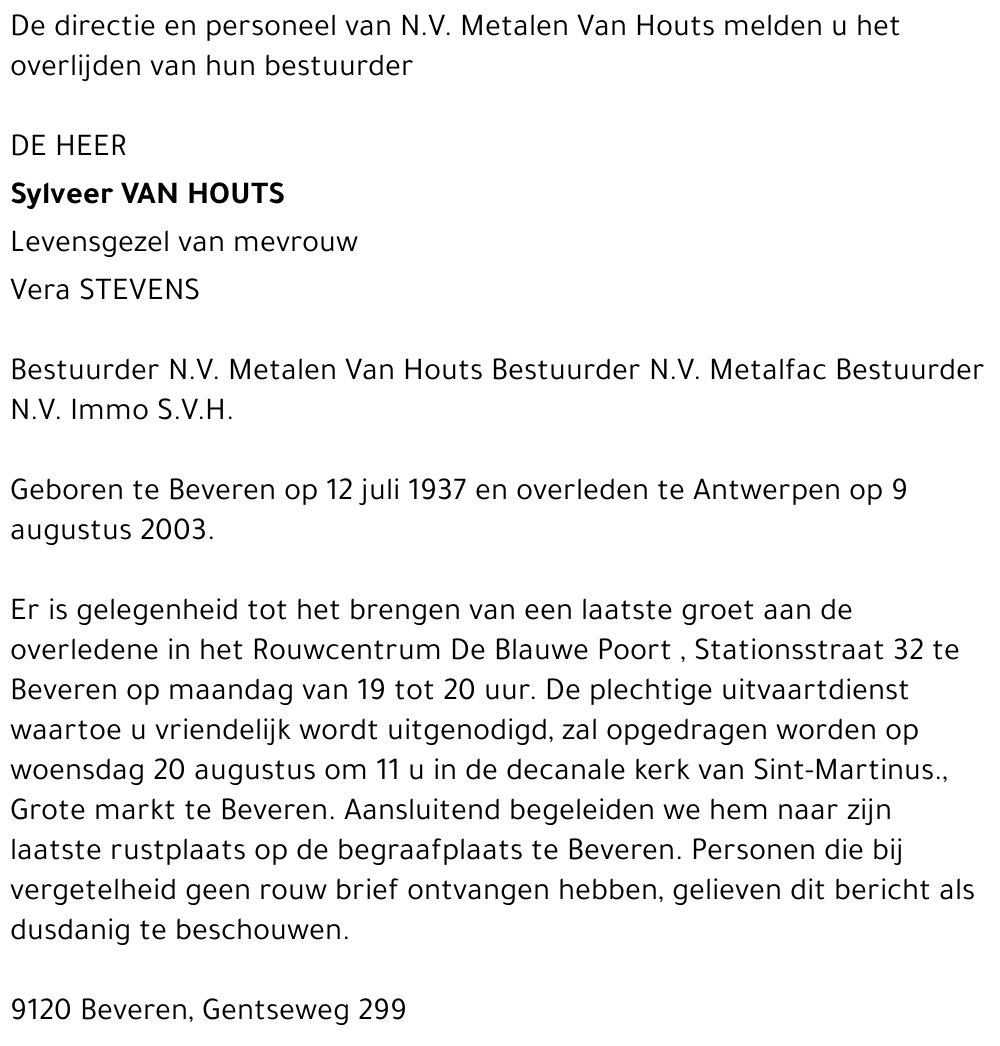 SYLVEER VAN HOUTS