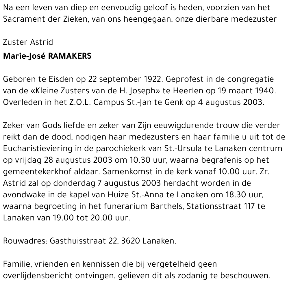 Zuster Astrid Ramakers Marie-José
