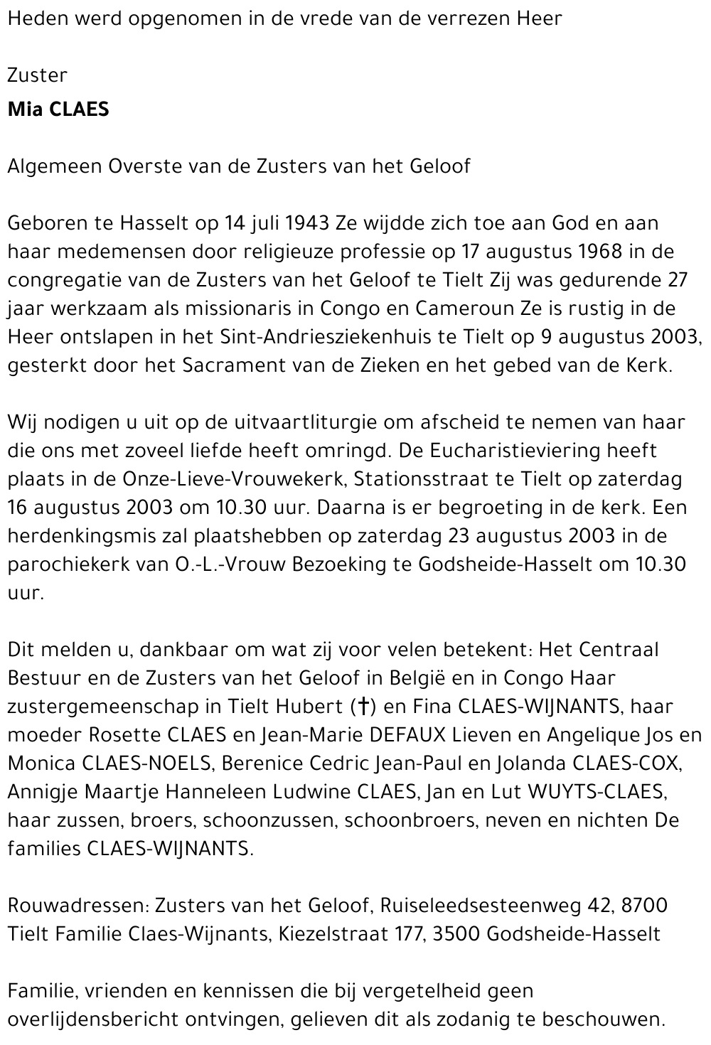 Zuster Mia Claes
