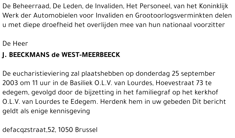 J BEECKMANS de WEST-MEERBEECK