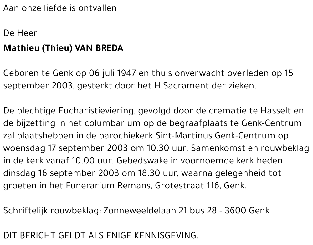 Mathieu (Thieu) VAN BREDA