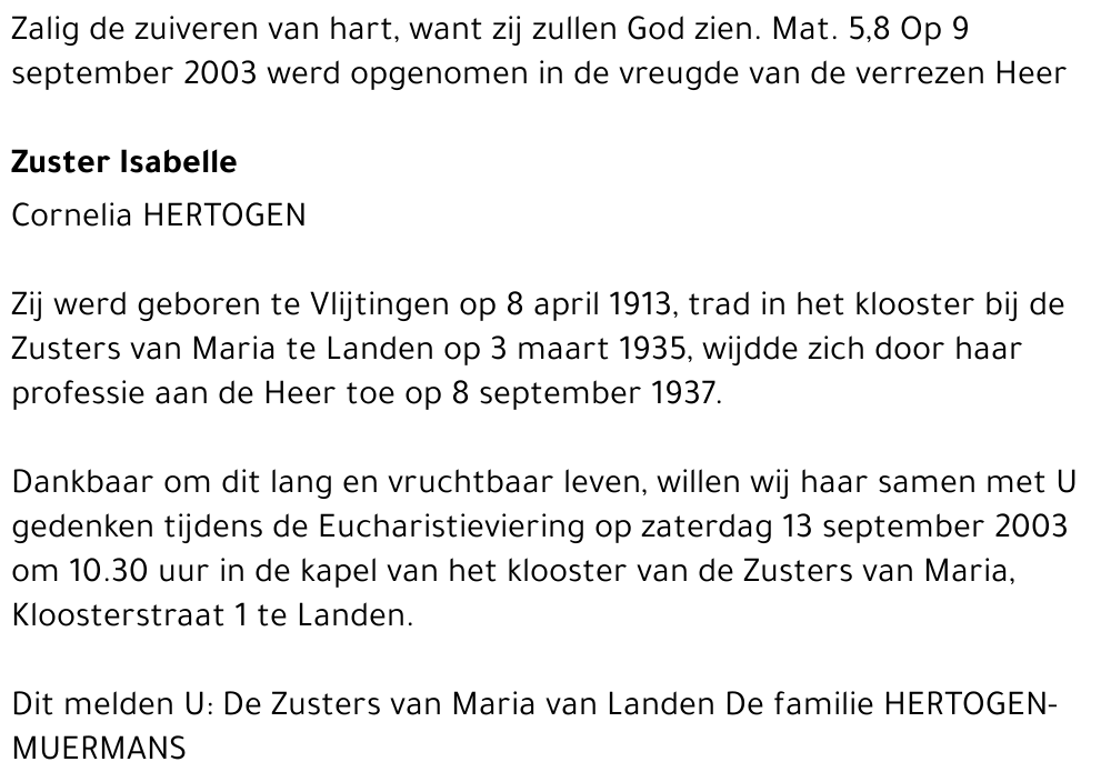 Zuster Isabelle Cornelia Hertogen