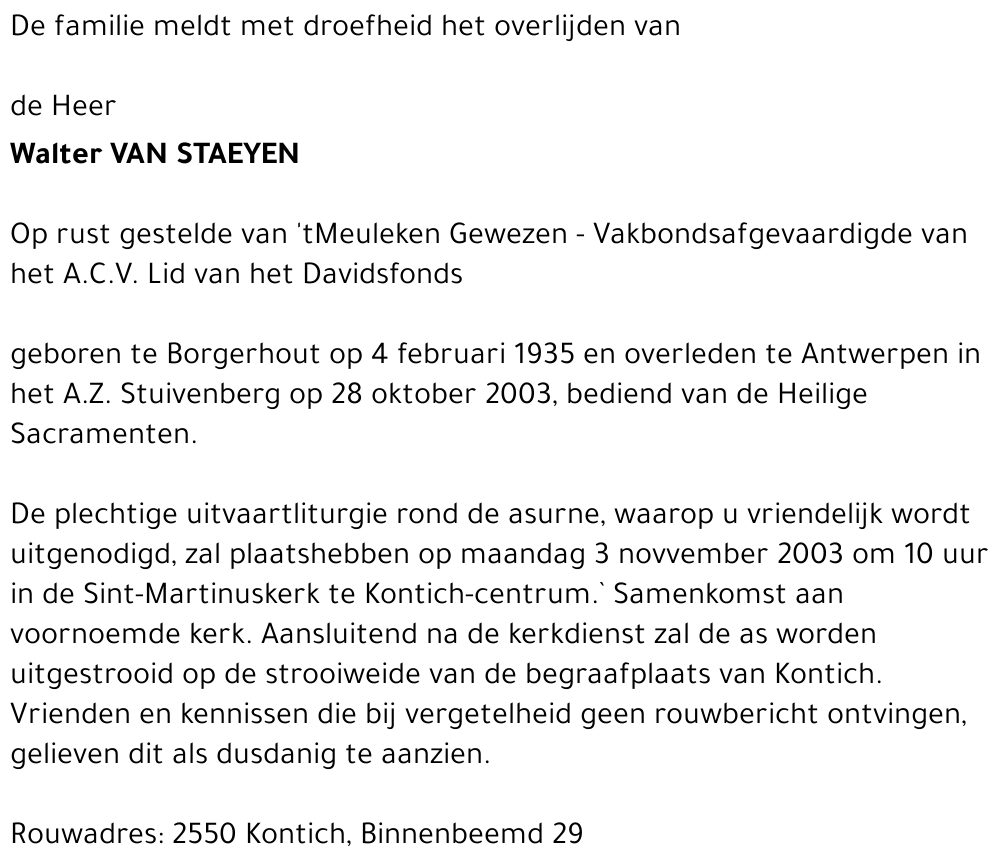 WALTER VAN STAEYEN