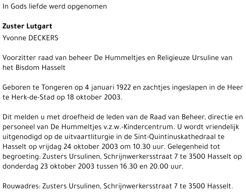 Zuster Lutgart Yvonne Deckers