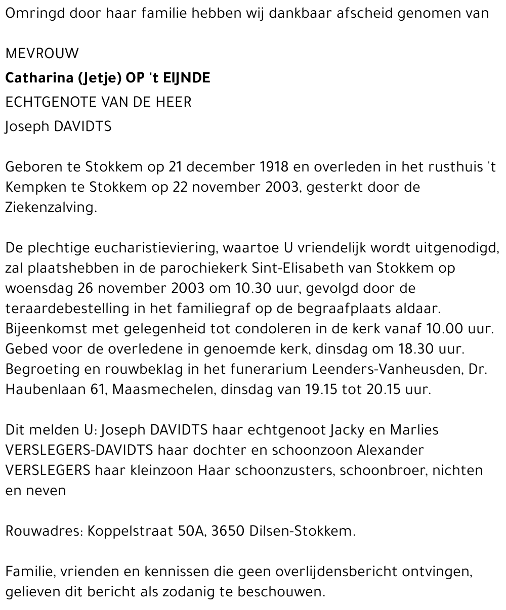 Catharina (Jetje) Op 't Eijnde