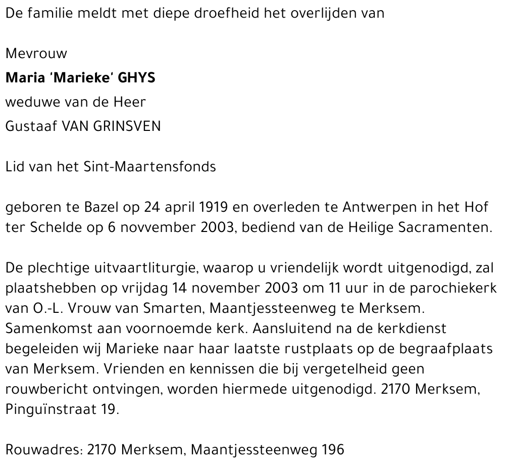 MARIA 'MARIEKE' GHYS