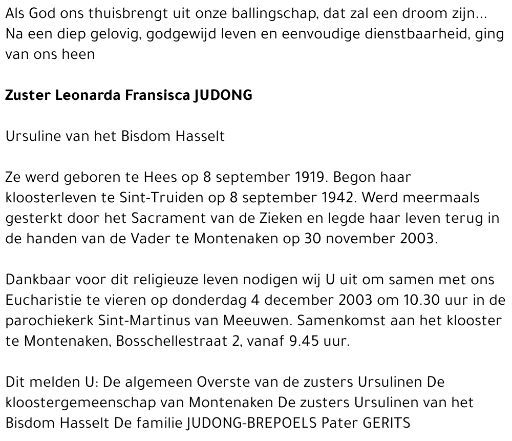 Zuster Leonarda (Fransisca) Judong