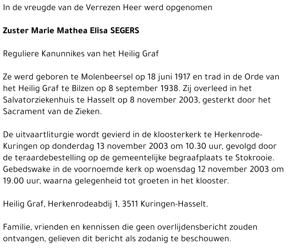 Zuster Marie Mathea Elisa Segers