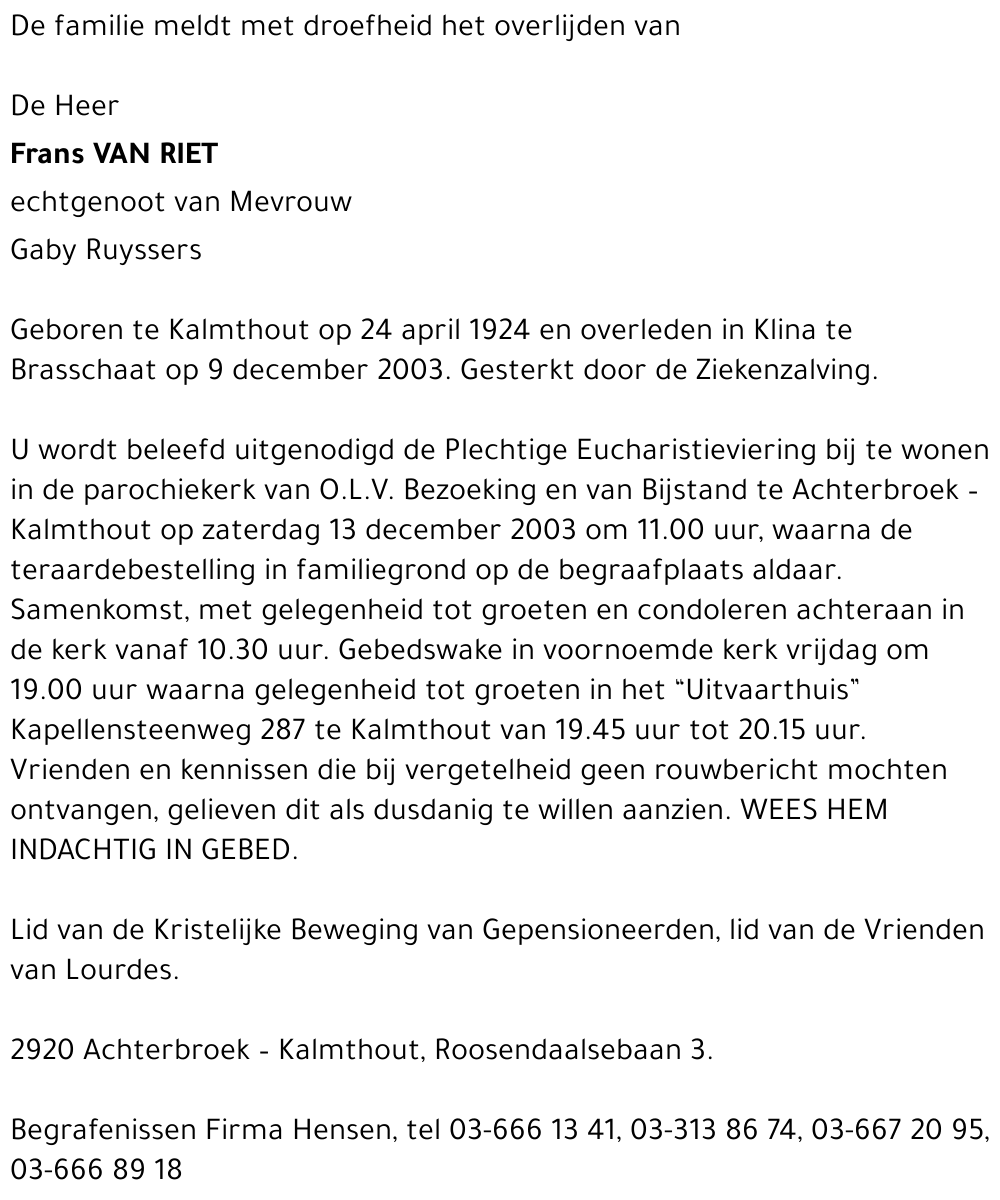 FRANS VAN RIET
