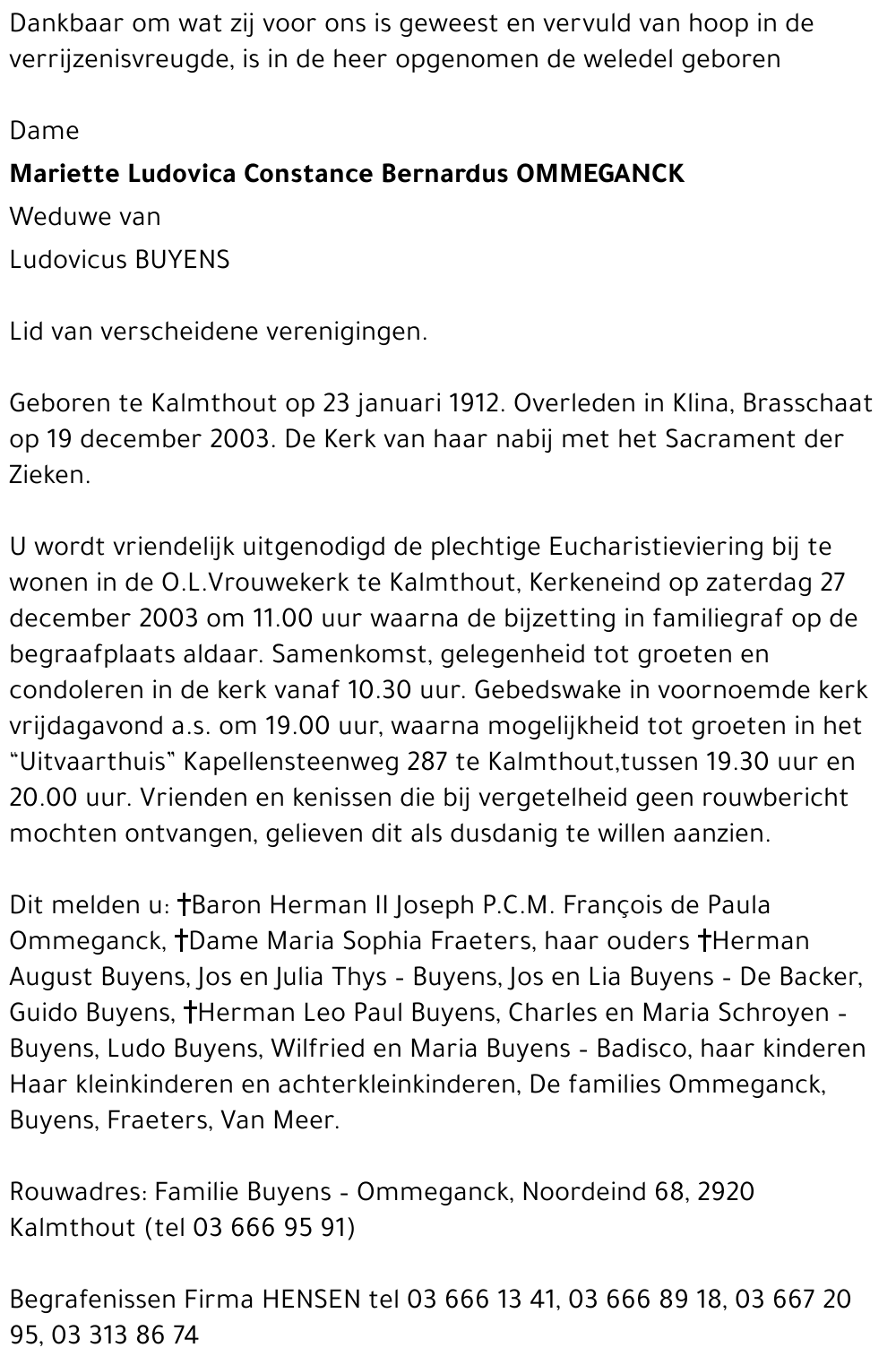 MARIETTE LUDOVICA CONSTANCE BERNARDUS OMMEGANCK