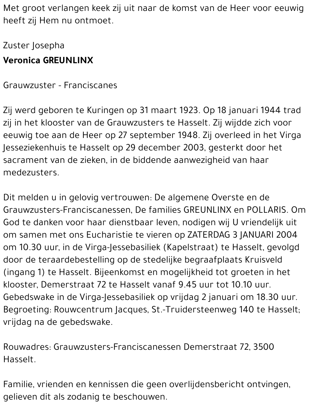 Zuster Josepha Veronica Greunlinx