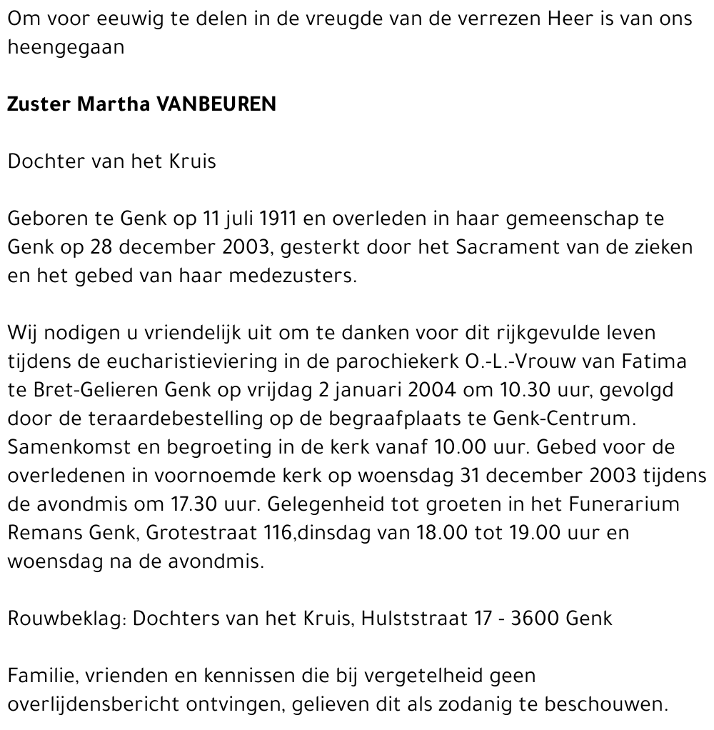 ** Zuster Martha VANBEUREN
