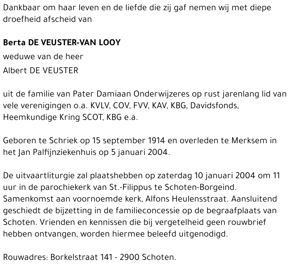 BERTA DE VEUSTER-VAN LOOY