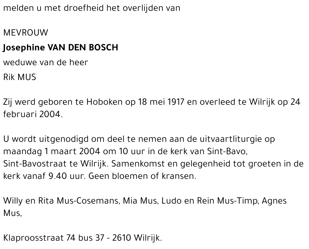 JOSEPHINE VAN DEN BOSCH