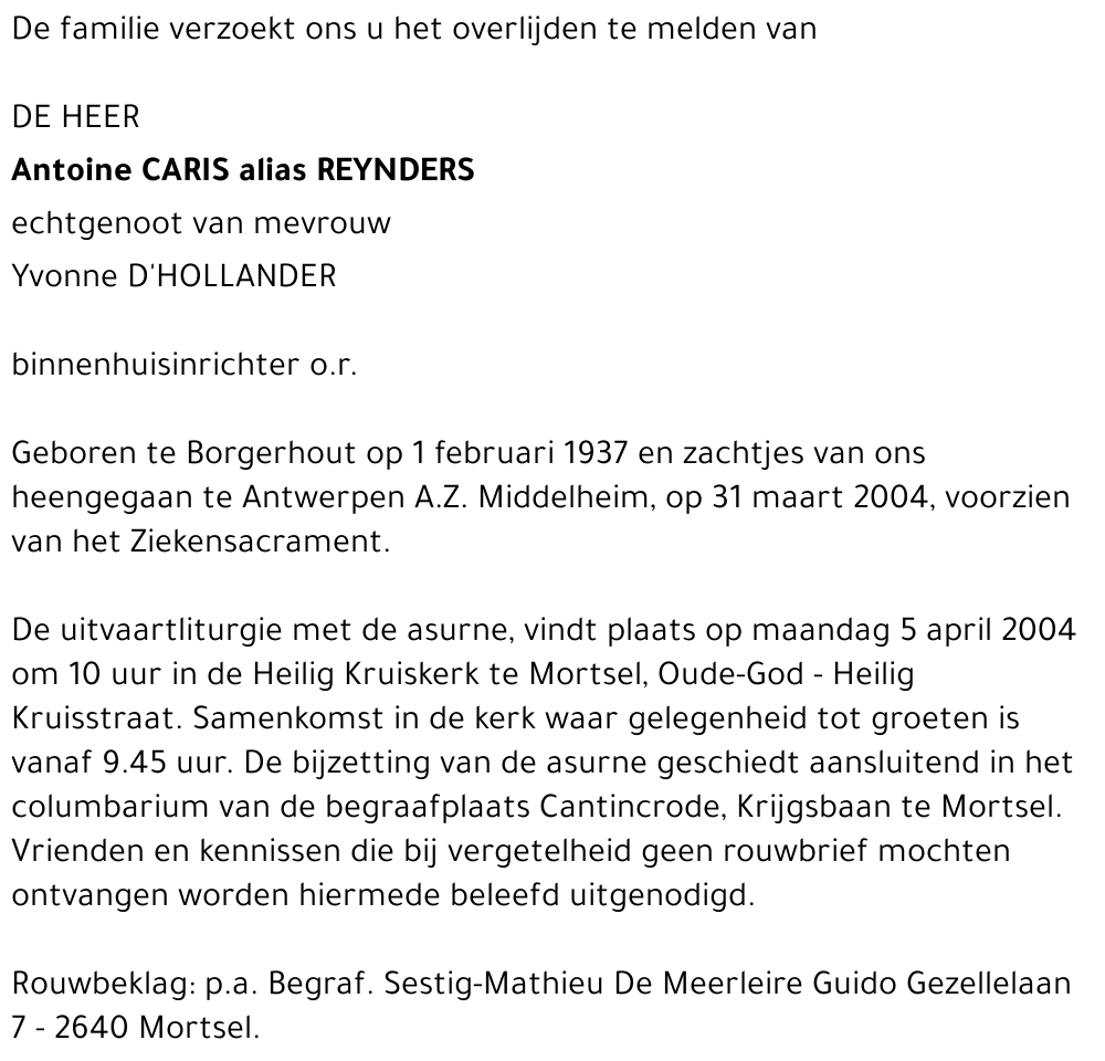 ANTOINE CARIS alias REYNDERS