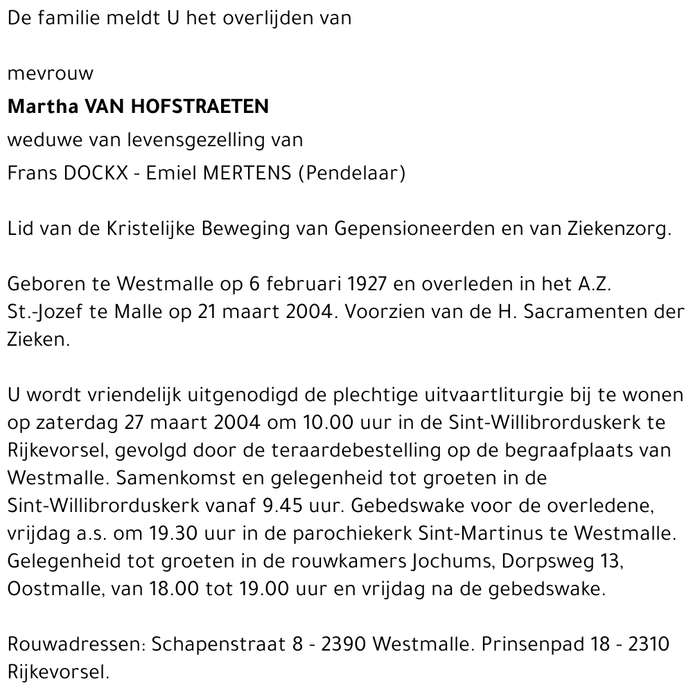 MARTHA VAN HOFSTRAETEN