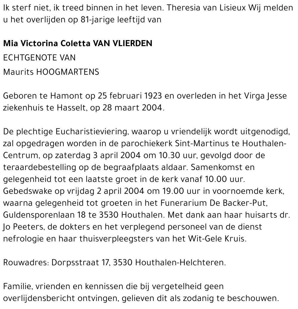 Mia Victorina Coletta Van Vlierden