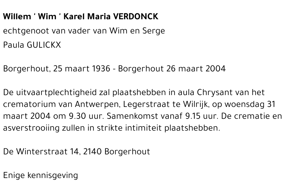 Willem 'Wim' Karel Maria VERDONCK