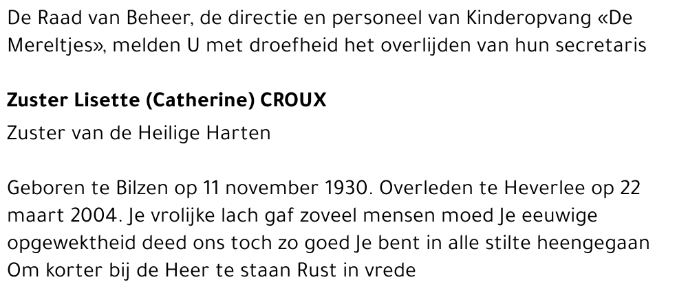 ZUSTER Lisette (Catherine) Croux