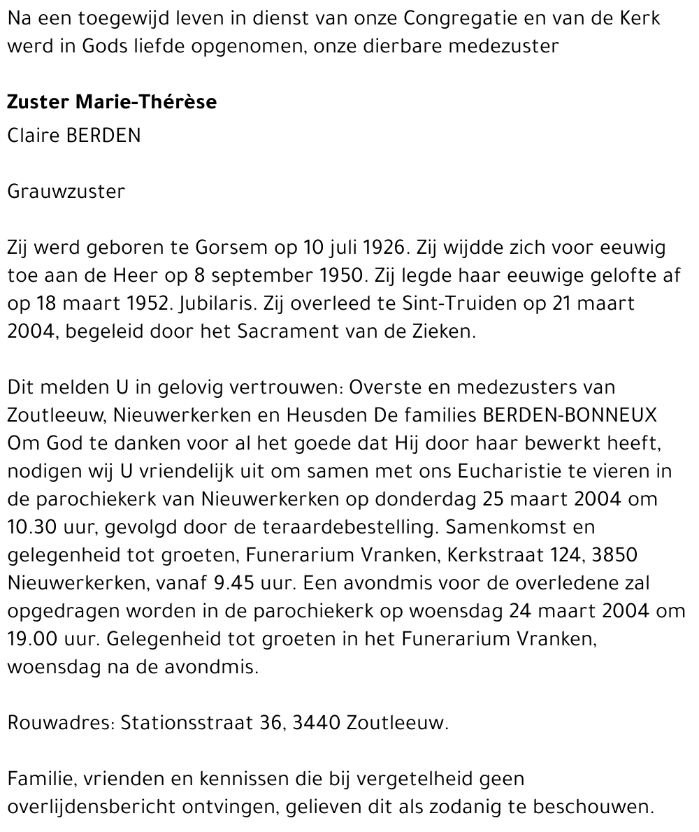 Zuster Marie-Thérèse Claire Berden