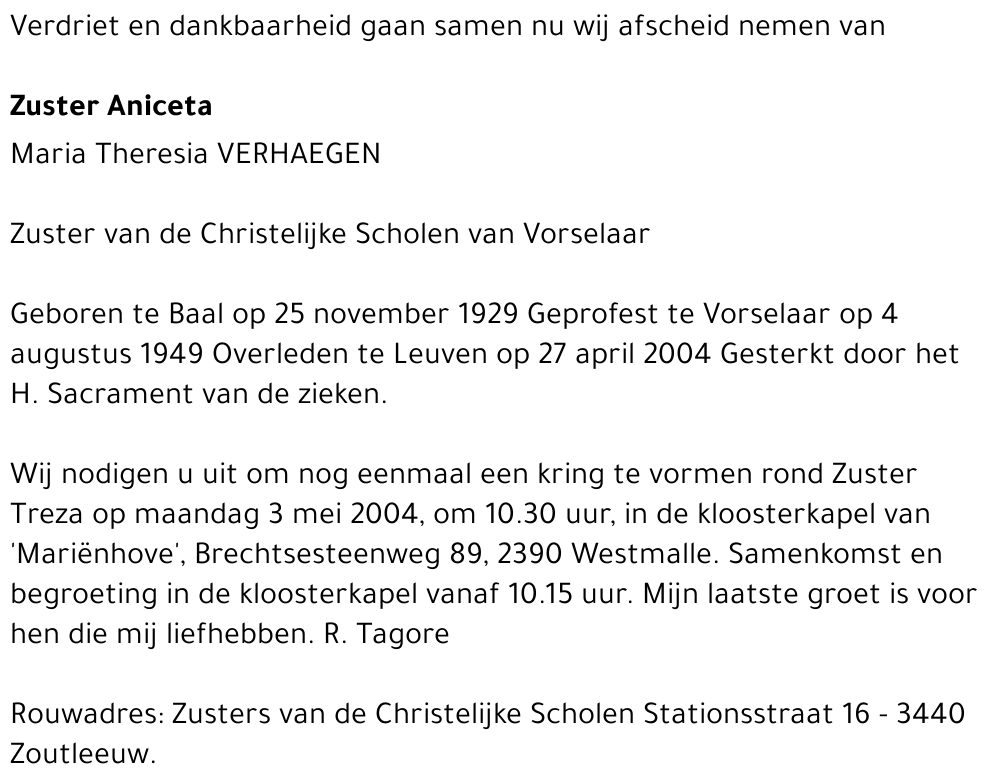 ANICETA (MARIA THERESIA VERHAEGEN)