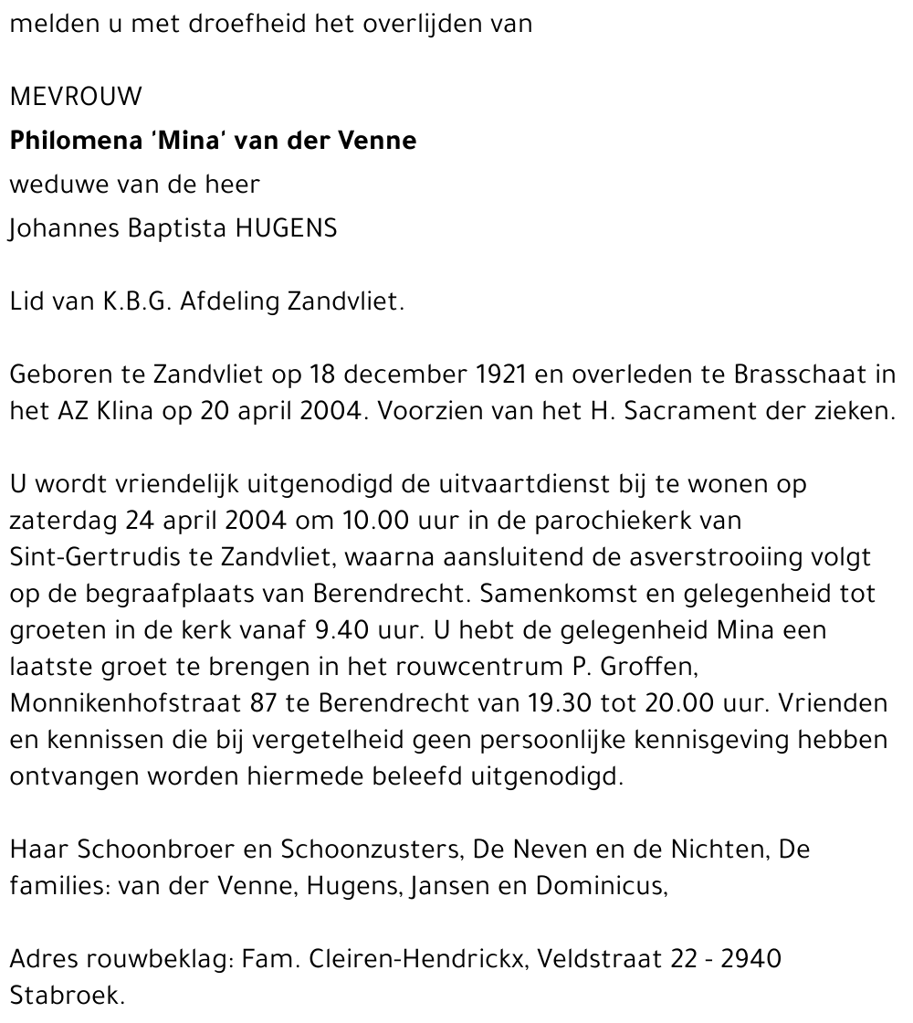 PHILOMENA 'MINA' VAN DER VENNE