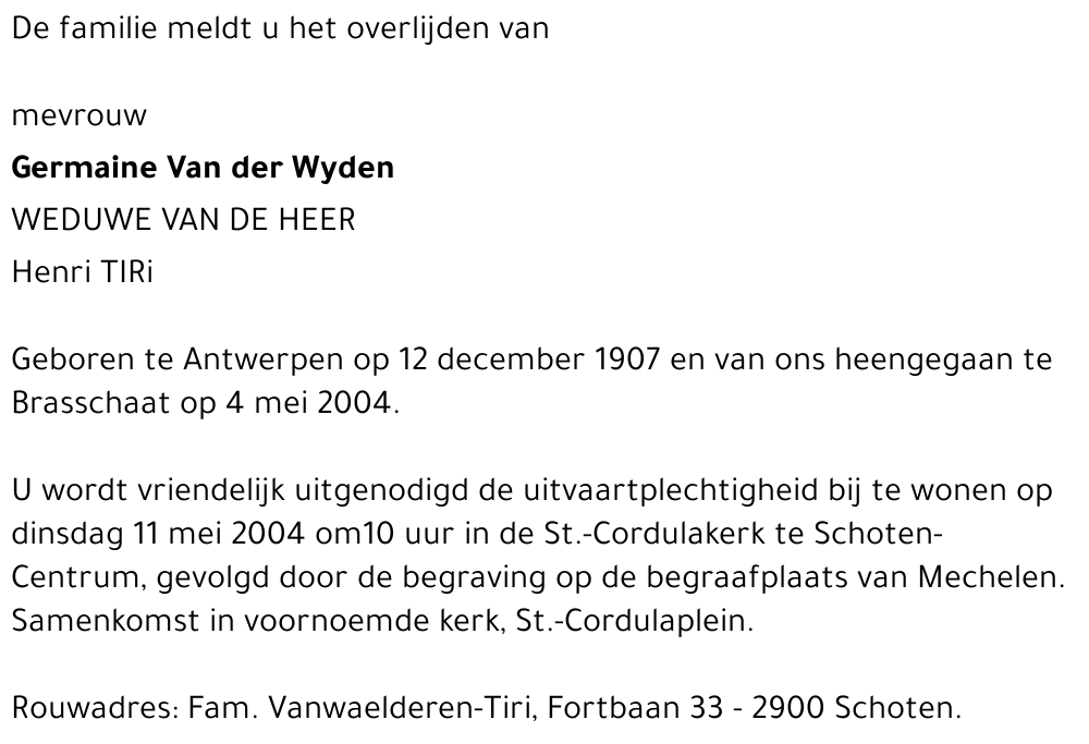 GERMAINE VAN DER WYDEN