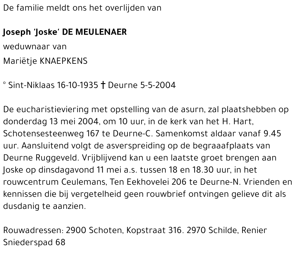 JOSEPH 'JOSKE' DE MEULENAER