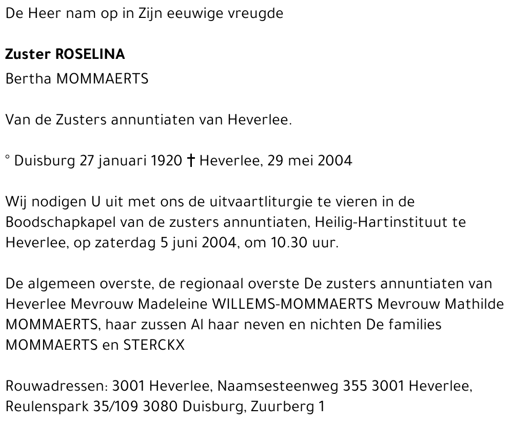 Zuster Roselina (Bertha) Mommaerts