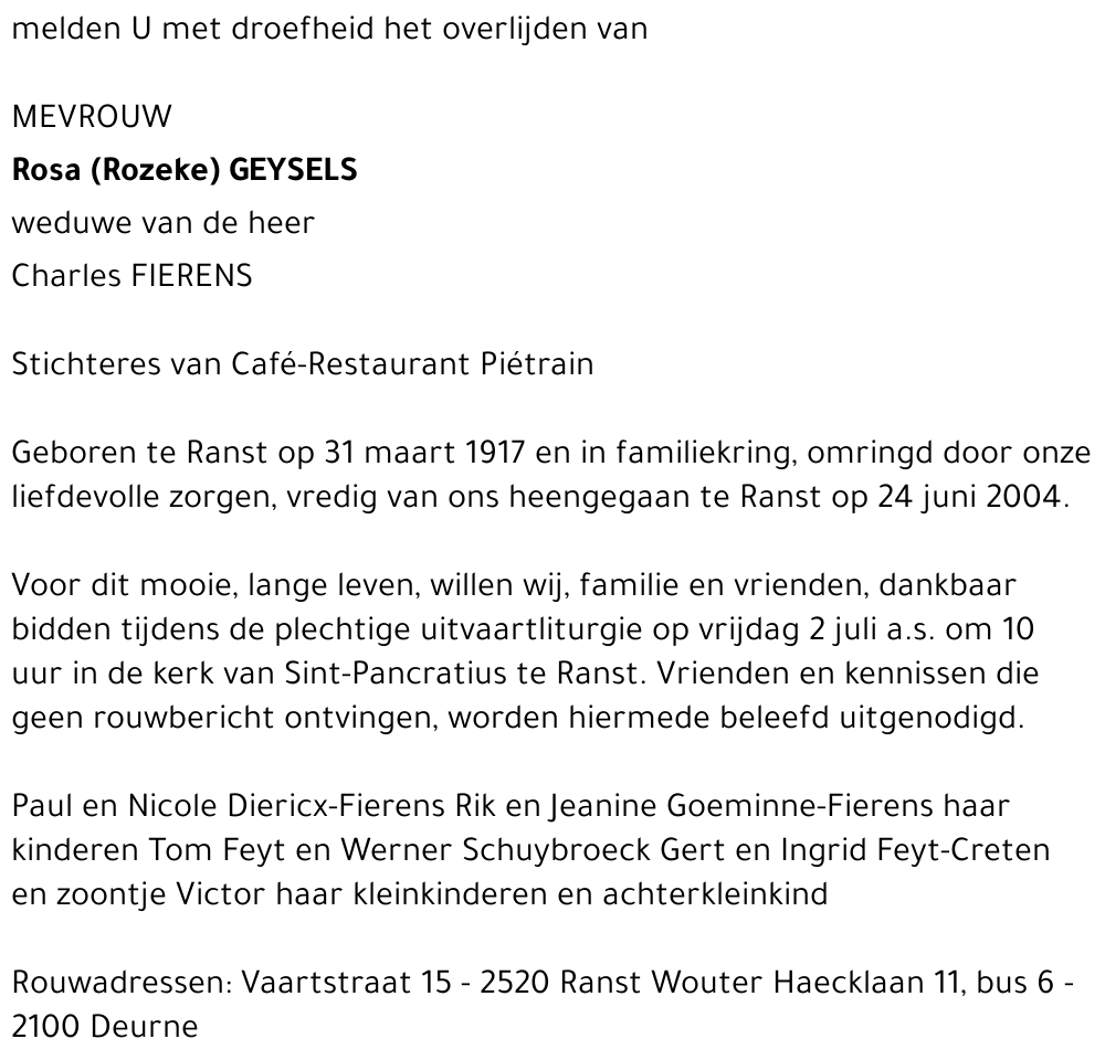 ROSA (ROZEKE) GEYSELS