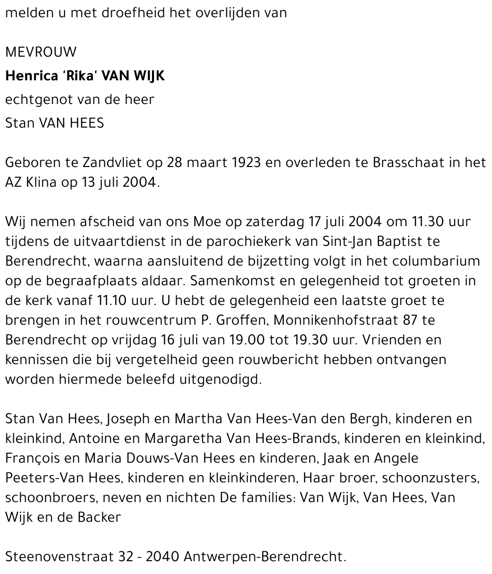 HENRICA 'RIKA' VAN WIJK