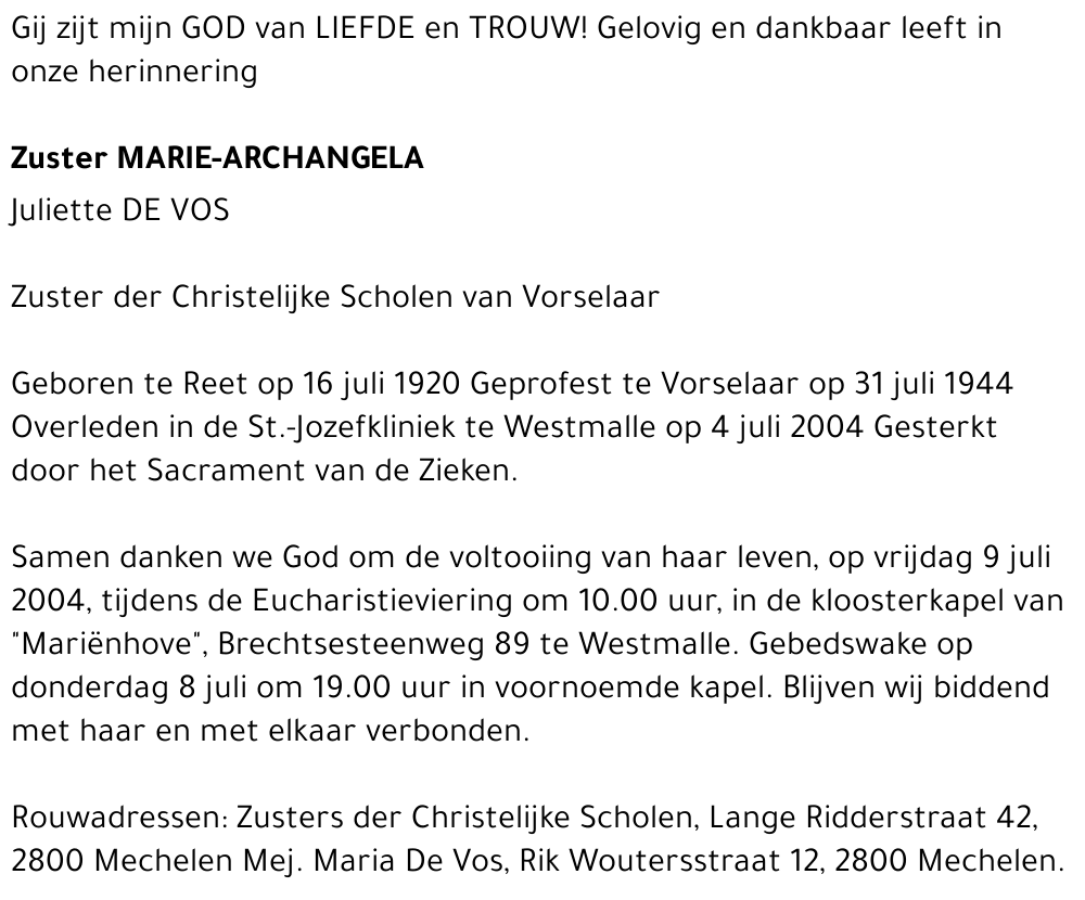 MARIE-ARCHANGELA (JULIETTE DE VOS)
