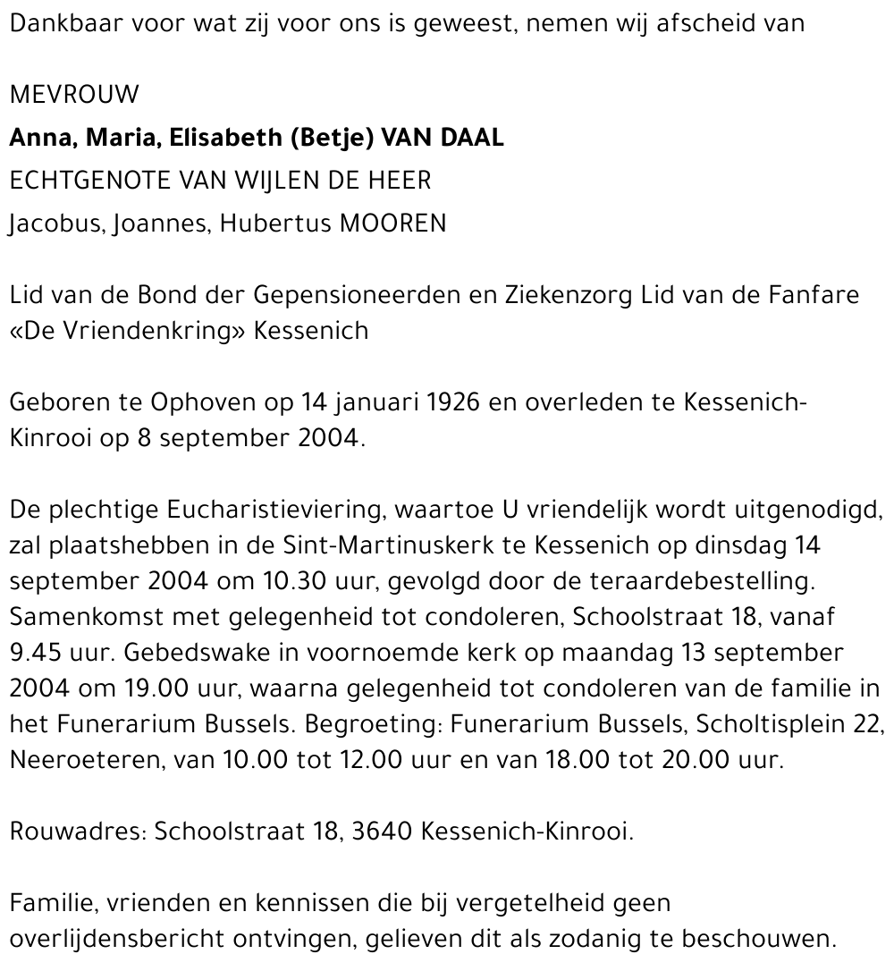 Anna, Maria, Elisabeth (Betje) Van Daal