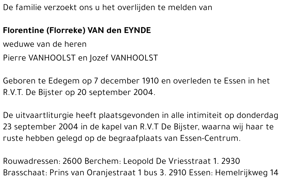 FLORENTINE (FLORREKE) VAN DEN EYNDE