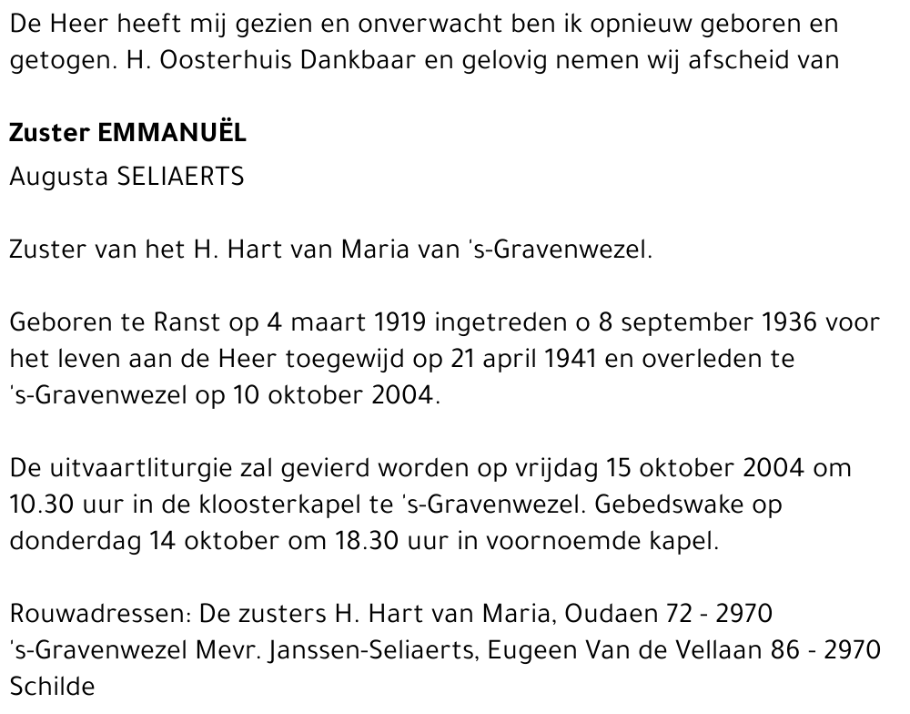 Emmanuël (Augusta Seliaerts)